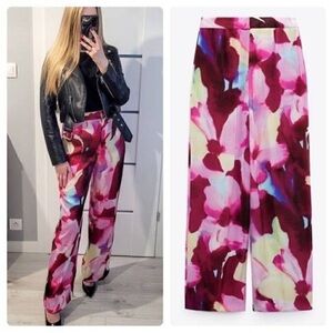 Zara Floral Satin Watercolor Pants Size Large NWOT